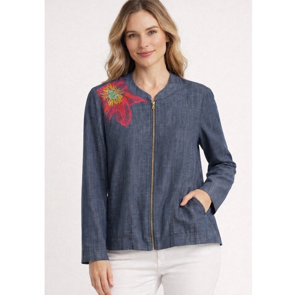 RAFAELLA Jacket Womens Medium Indigo Blue Chambray Floral Embroidered Zip Up NWT